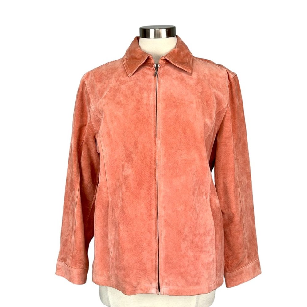 Chicos Peach Orange Suede Leather Zip Front Jacket size Large